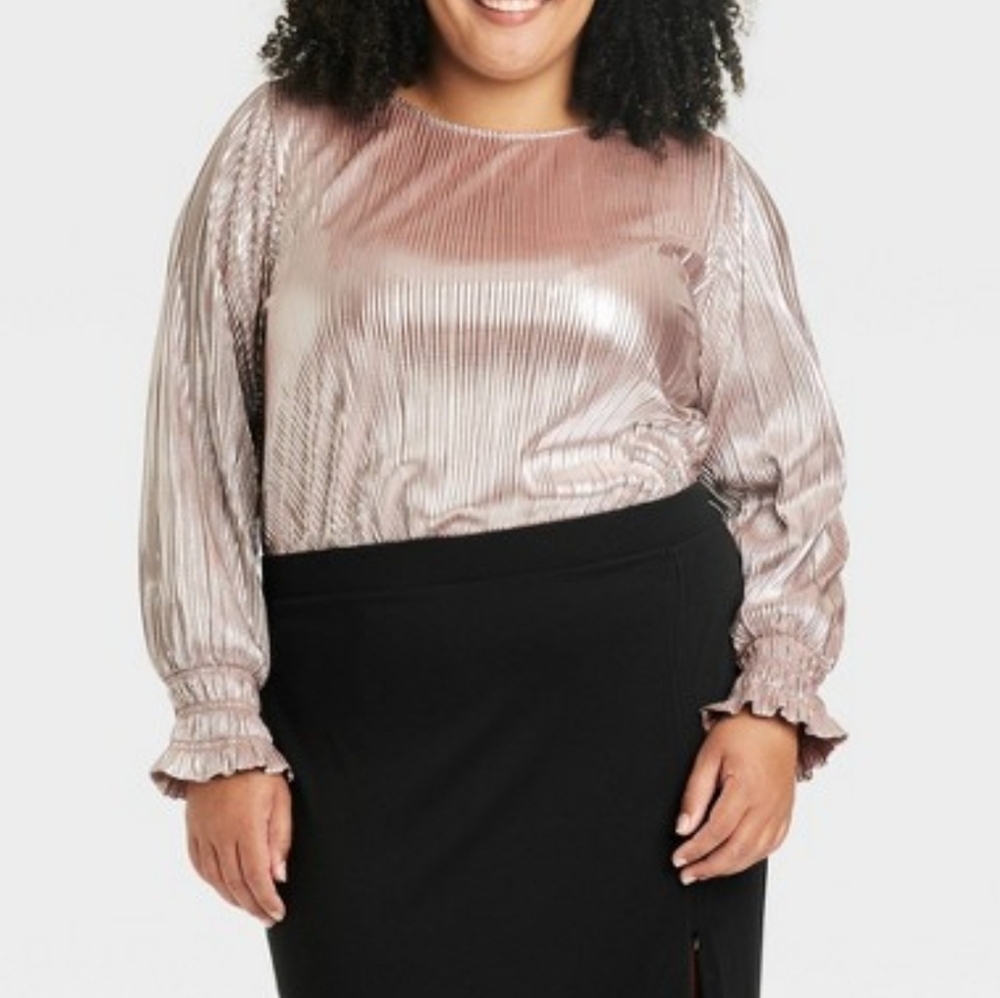 Womens Long Sleeve Plisse Blouse CHAMPAGNE 2X Ava & Viv